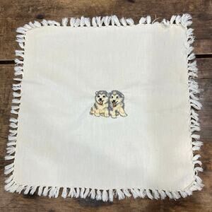 Handmade Embroidered  Husky Puppies on Large Square Doily